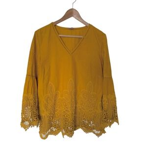 Chico's Crochet Lace Bell Sleeve Blouse Women Size 1 8/10 Mustard Yellow Boho